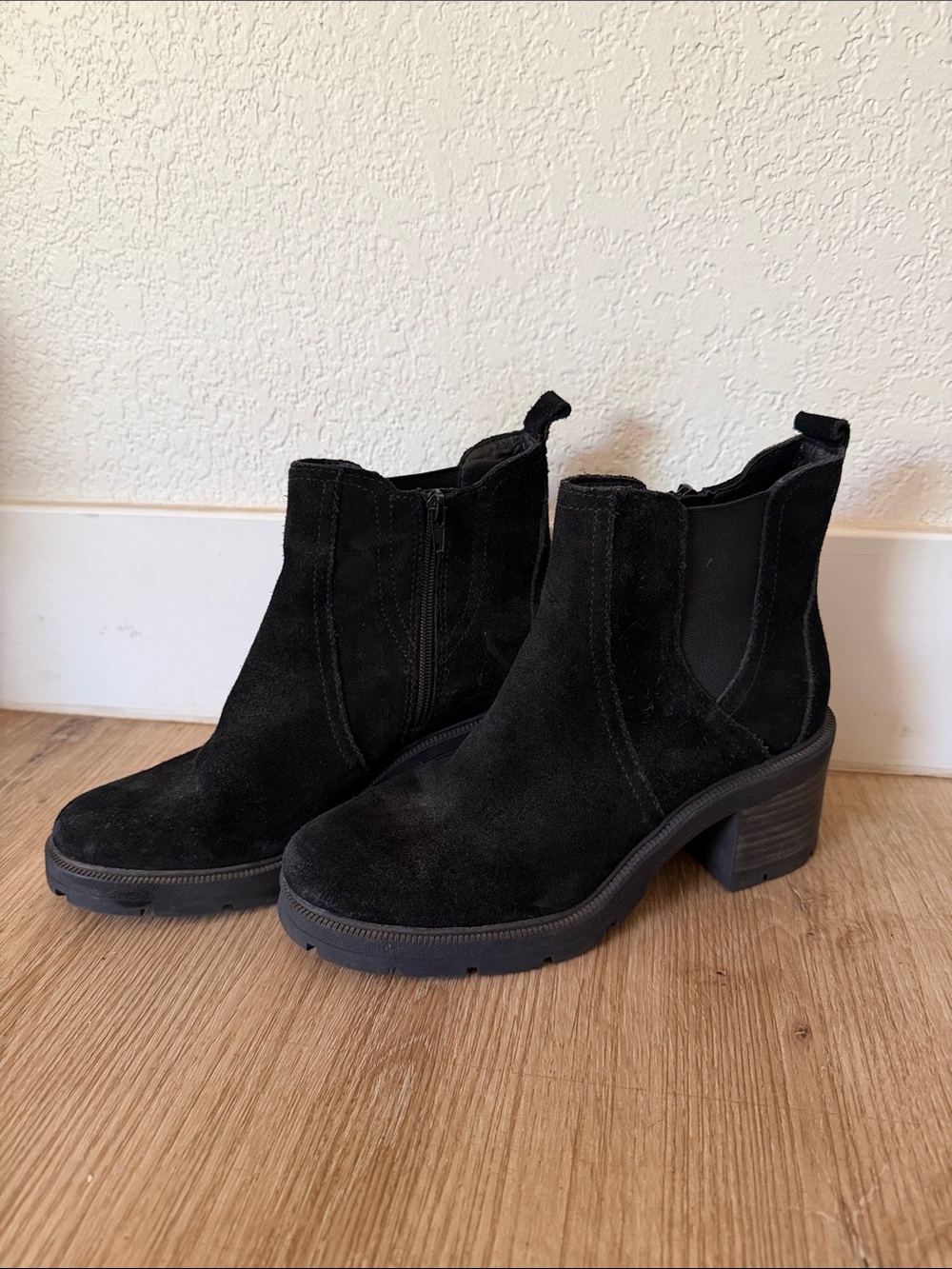 Lucky Brand Black Suede Chelsea Booties with Block Heel